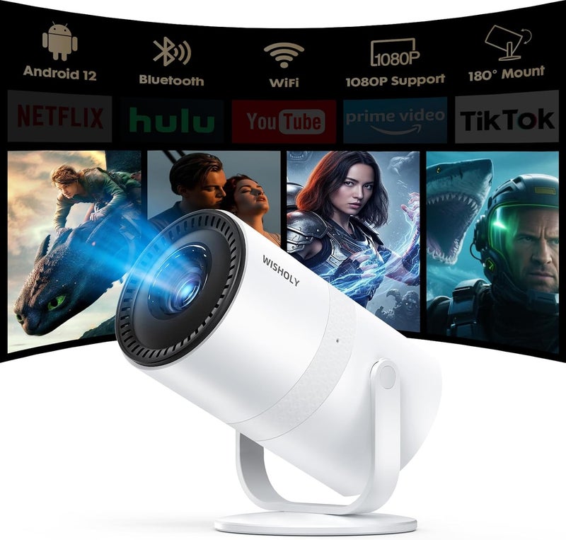 WISHOLY Mini Projector with Android 12 [Built-in App & Electric Focus] 1080P Support, Portable Movie Projector with WiFi and Bluetooth, 180° Rotatable, Compatible with Smartphone HDMI USB - Image 1